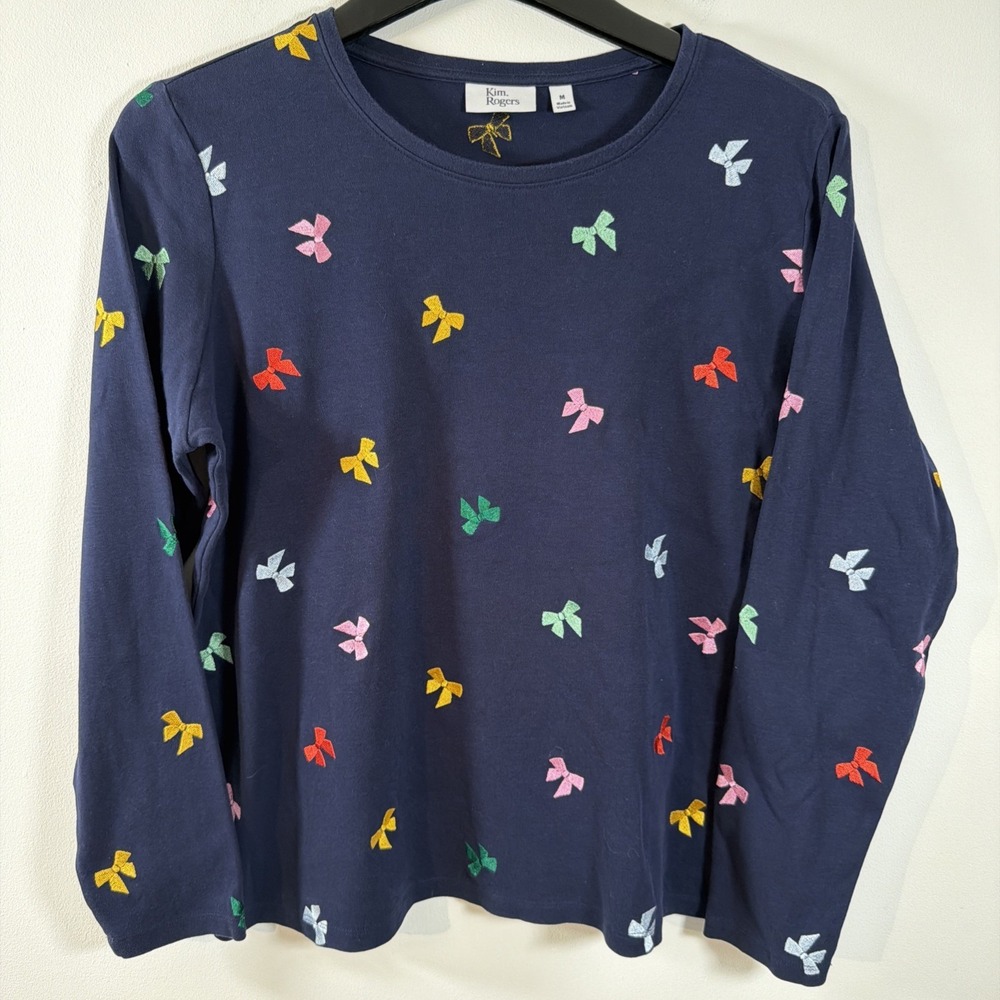 Kim Rogers Navy Blue Long Sleeve Tee Cotton Embroidered Bow Colorful Top Medium